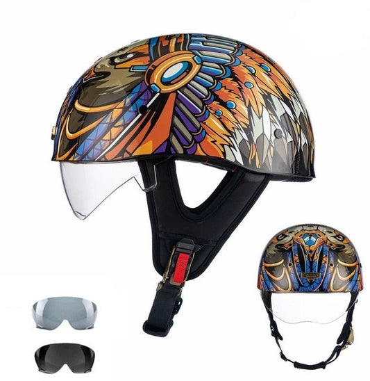 Brown & Orange Indian Headdress Half Bucket Motorcycle Helmet