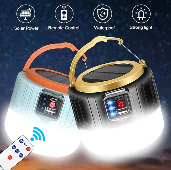 Camping Lights -  USB & Solar Rechargeable Tent Lights with Remote Control